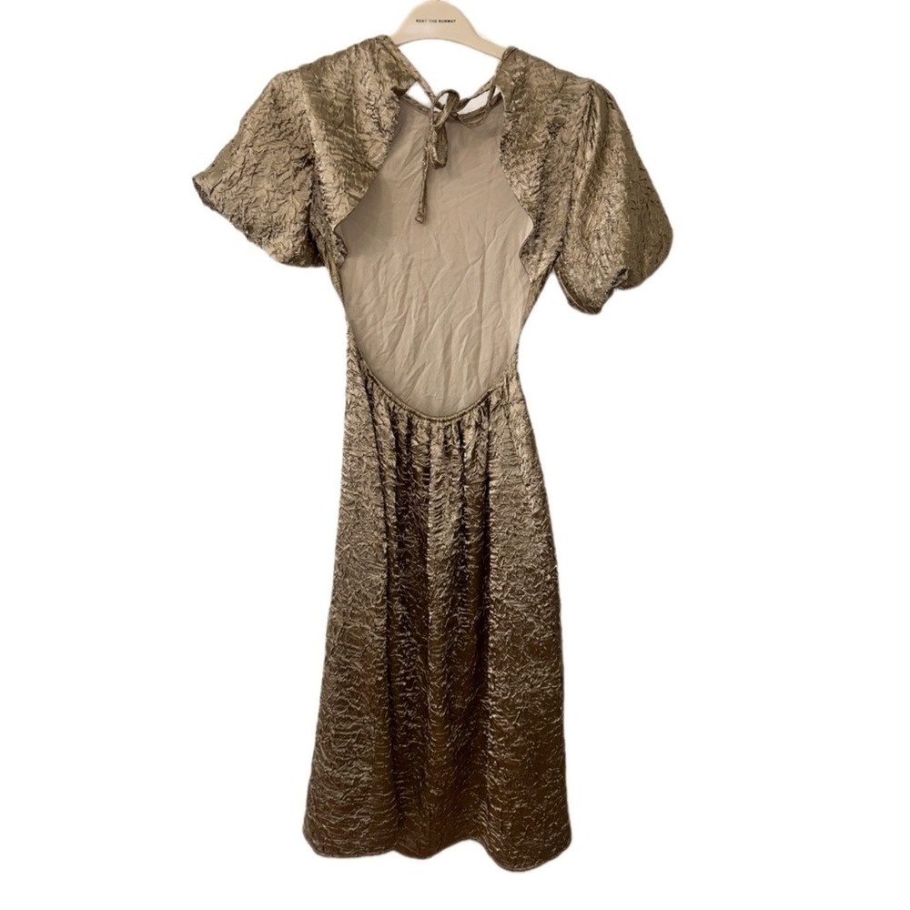 Lisa Says Gah Metallic Gold Crinkle Open Back Puff Sleeve Midi Dress XS NWOT